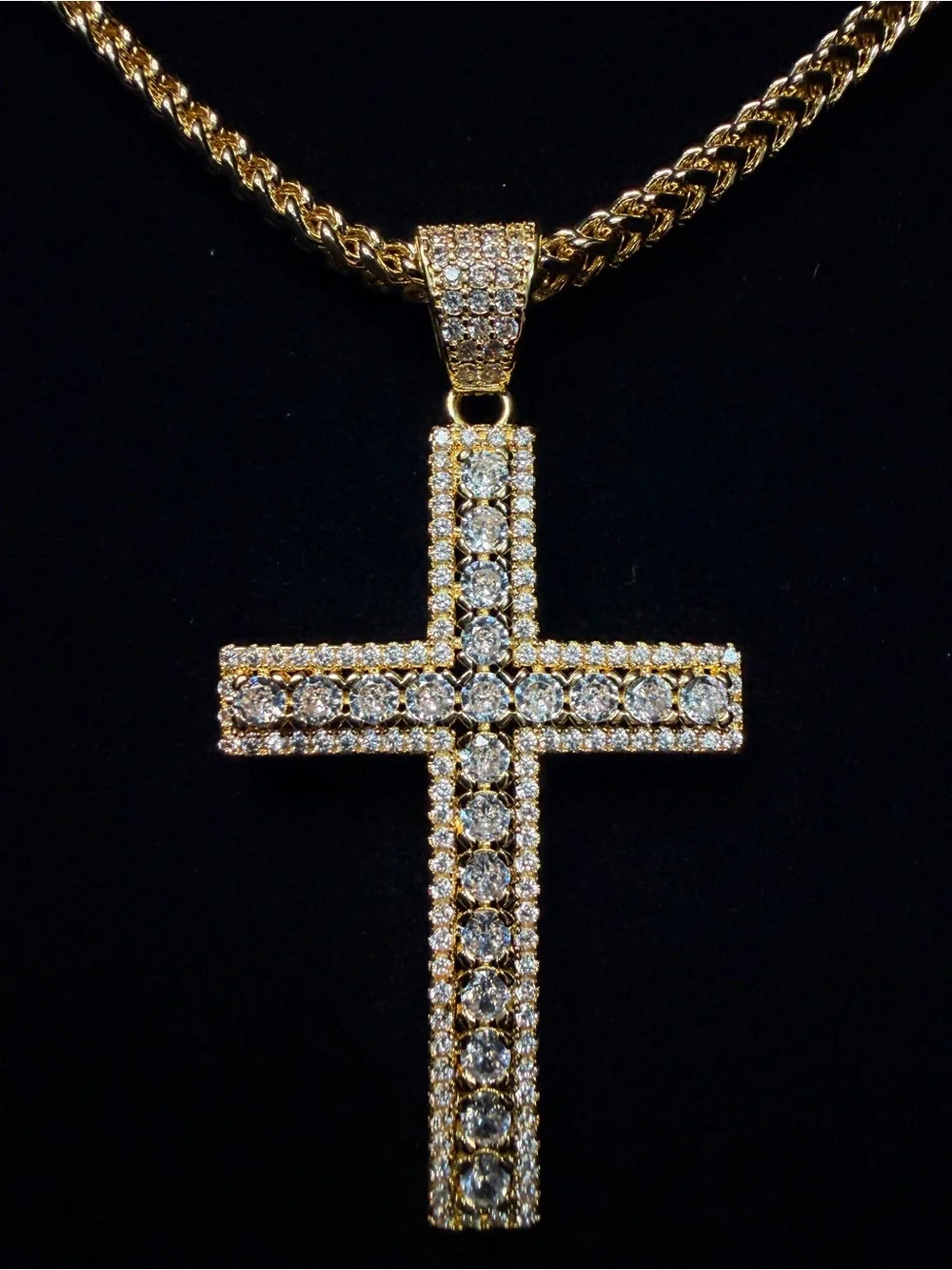 Iced Out Moissanite cross pendant 2.5in w/iced bell 14k gold finish (cross only)
